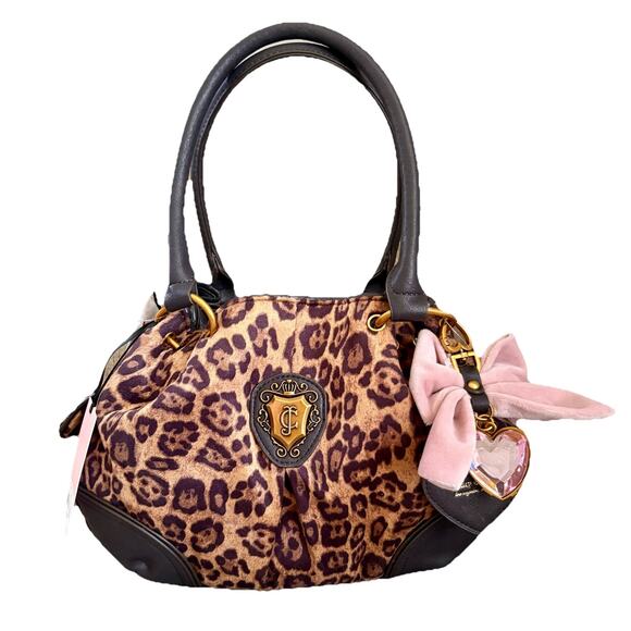 JUICY COUTURE Velvet Leopard Romance Satchel Bag Charm Crest Crown Heart Bow Y2K - Picture 1 of 16
